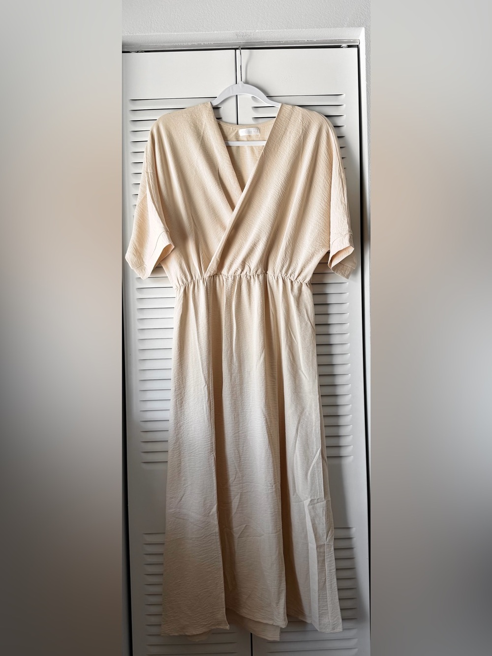 Cream Wrap-Front Dress with Elastic Waist